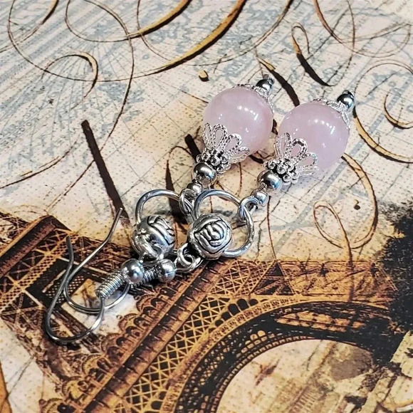 Pink Rose Quartz Lacy Trim Silver Carved Rose Handcrafted Earrings - Picture 7 of 10
